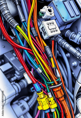 Colorful wire harness and plastic connectors for vehicles, automotive industry and manufacturing, color sketch, with white tones