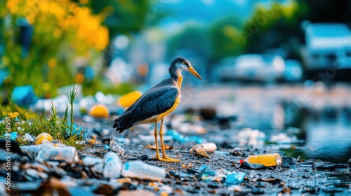 A heron is seen standing on the banks of a waterway cluttered with litter and surrounded by flowers