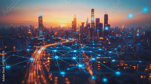 Wallpaper Mural Abstract business man stands on the peak of success amid tall, innovative Smart city and graphs with statistics to analyze business potential and predict future developments in company growth. Torontodigital.ca