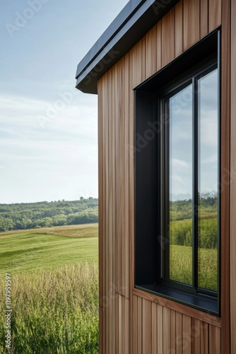 A contemporary wooden cabin features a spacious window that beautifully frames the stunning landscape outside  illuminated by bright daylight on a sunny day