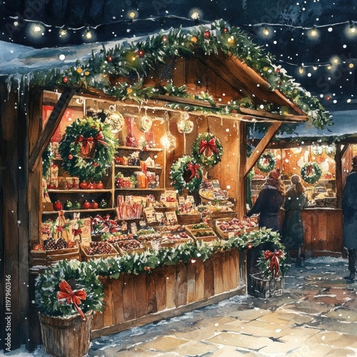 Festive Market Stall with Holiday Decorations