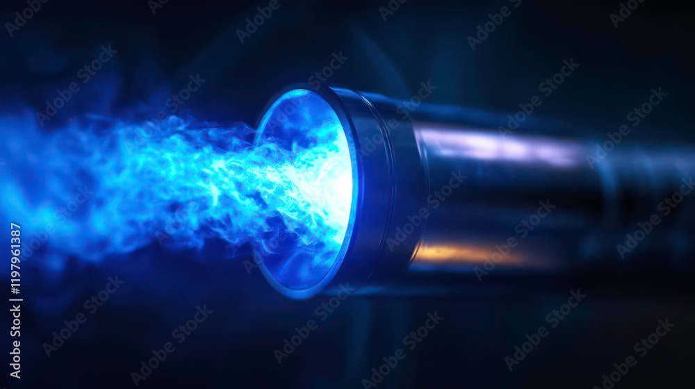 Close-up of a metallic pipe emitting vibrant blue flames, suggesting power and energy. Close-up of a metallic pipe emitting vibrant blue flames, suggesting power and energy.