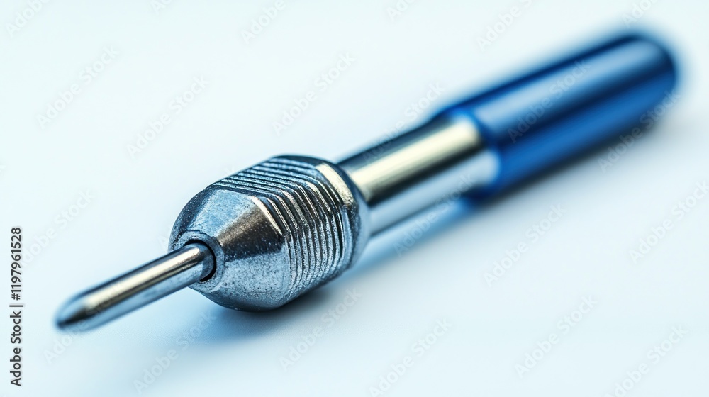 Close-up of a Precision Metal Tool with a Blue Handle Close-up of a Precision Metal Tool with a Blue Handle