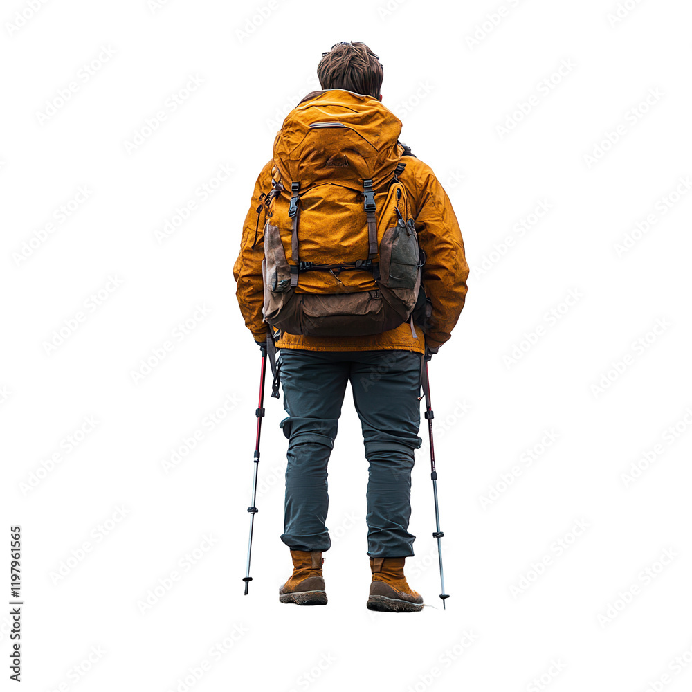 Hiker prepares for adventure in vibrant orange jacket during daytime in a remote area isolated on transparent background Hiker prepares for adventure in vibrant orange jacket during daytime in a remote area isolated on transparent background