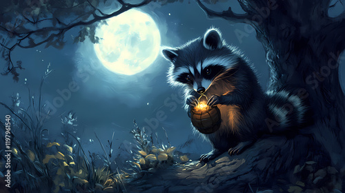 Mischievous raccoon bandit stealing treasure under moonlight. Moonbark. Illustration photo