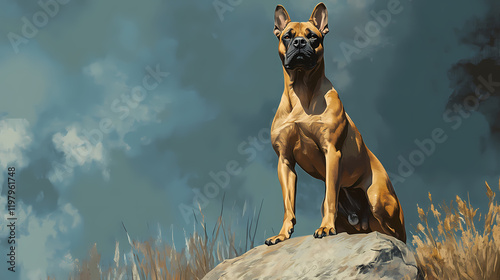 Muscular, fawn-colored dog with black mask alertly perches on a rock, its piercing gaze focused on the distance. Moonbark. Illustration photo