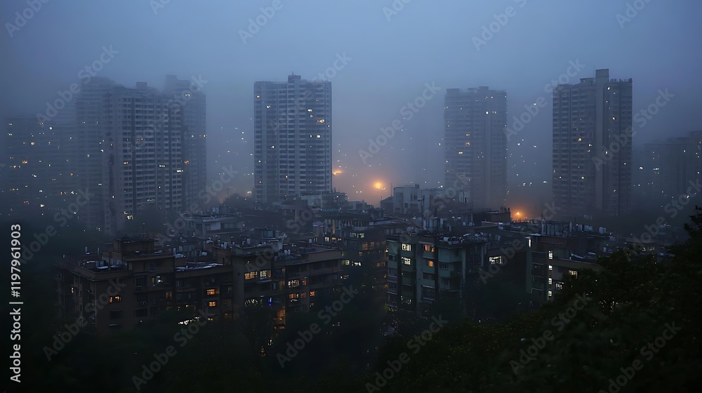 Obraz premium Foggy City Night Landscape with Highrise Buildings