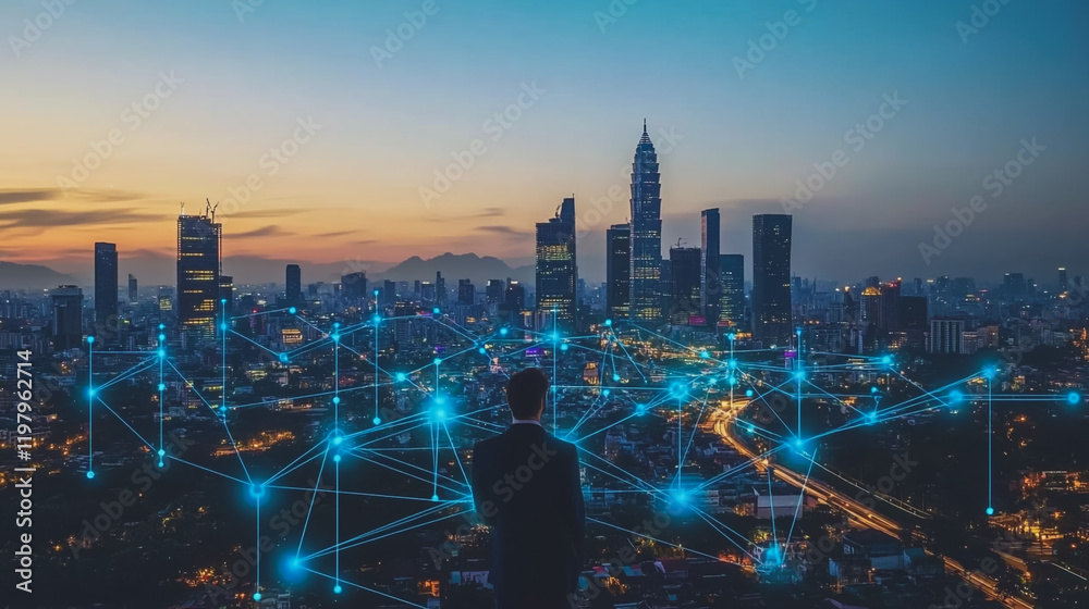 Abstract business man stands on the peak of success amid tall, innovative Smart city and graphs with statistics to analyze business potential and predict future developments in company growth. Abstract business man stands on the peak of success amid tall, innovative Smart city and graphs with statistics to analyze business potential and predict future developments in company growth.