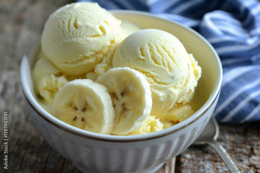 Banana ice cream scoops are served in a white bowl with sliced bananas on top Banana ice cream scoops are served in a white bowl with sliced bananas on top