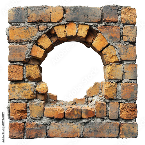 Beautifully worn brick wall with a circular opening showcasing rustic texture and structure isolated on transparent background photo