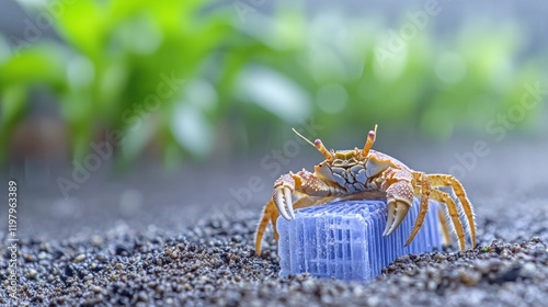 A crab sits on a blue block in the sand, surrounded by lush green plants photo