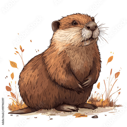 Beaver vector illustration, cartoon clipart character, animal in flat style Cute brown beaver or castor vector design isolated on white background
