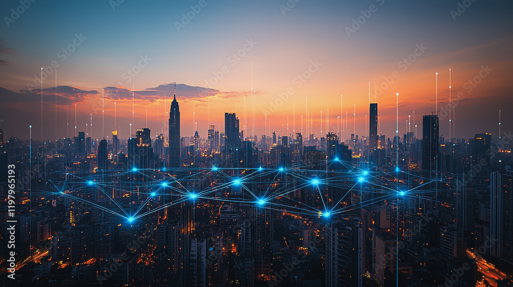 Fototapeta premium Abstract business man stands on the peak of success amid tall, innovative Smart city and graphs with statistics to analyze business potential and predict future developments in company growth.