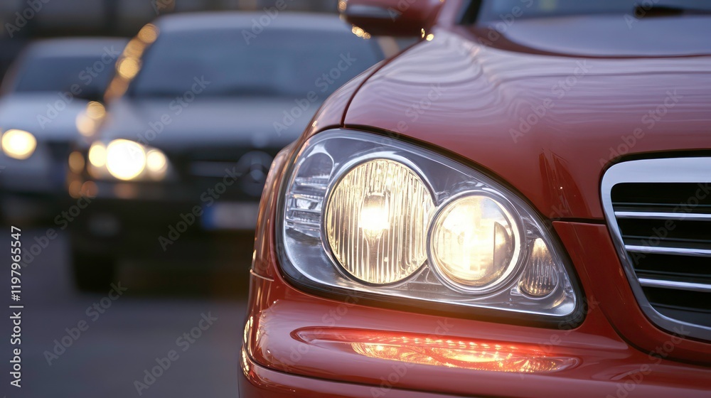 Fototapeta premium Close-up of illuminated headlights on a red car in city traffic at night.