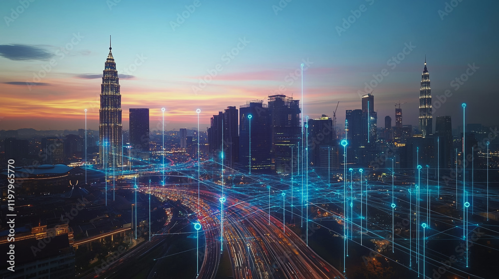 Obraz premium Abstract business man stands on the peak of success amid tall, innovative Smart city and graphs with statistics to analyze business potential and predict future developments in company growth.