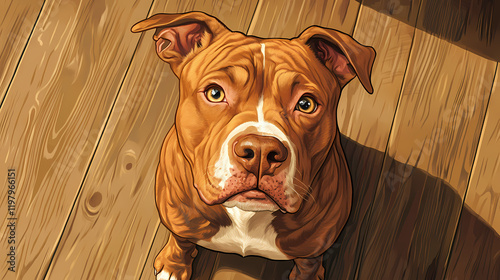 Adorable red-nosed pitbull dog with wrinkled face, floppy ears, and endearing expression, sitting on a wooden floor with a cute, curious gaze. Moonbark. Illustration photo