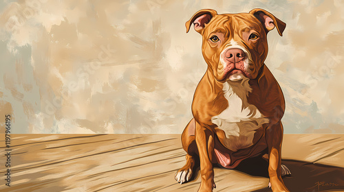 Adorable red-nosed pitbull dog with wrinkled face, floppy ears, and endearing expression, sitting on a wooden floor with a cute, curious gaze. Moonbark. Illustration photo