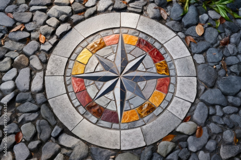 Fragment Decorative Compass Points with North, South, East, and West on Stone Sidewalk Background - Grey Decorative Design Fragment Decorative Compass Points with North, South, East, and West on Stone Sidewalk Background - Grey Decorative Design