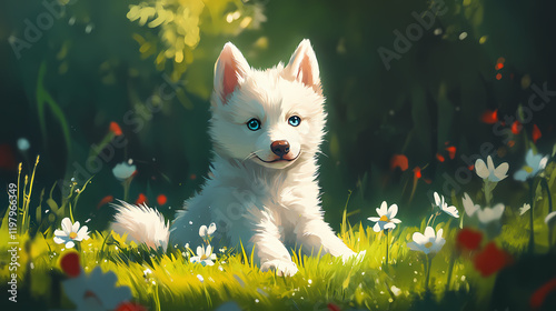 Adorable siberian husky puppy with piercing blue eyes and fluffy white coat sits on green grass, tail wagging, surrounded by vibrant summer flowers. Moonbark. Illustration photo