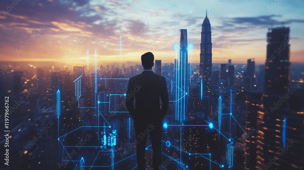 Abstract business man stands on the peak of success amid tall, innovative Smart city and graphs with statistics to analyze business potential and predict future developments in company growth. Abstract business man stands on the peak of success amid tall, innovative Smart city and graphs with statistics to analyze business potential and predict future developments in company growth.