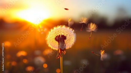 Freedom to Wish: A Macro Shot of a Blowball Seed Flying into the Sunset, with Sunlight and Pollen in Closeup