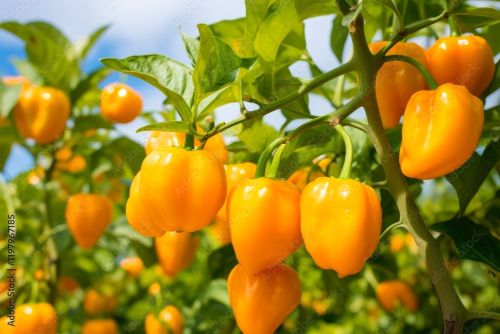 Fresh and Ripe Habanero Peppers on Habanero Plant. Spicy Organic Chili Fruit Straight from the Garden Fresh and Ripe Habanero Peppers on Habanero Plant. Spicy Organic Chili Fruit Straight from the Garden
