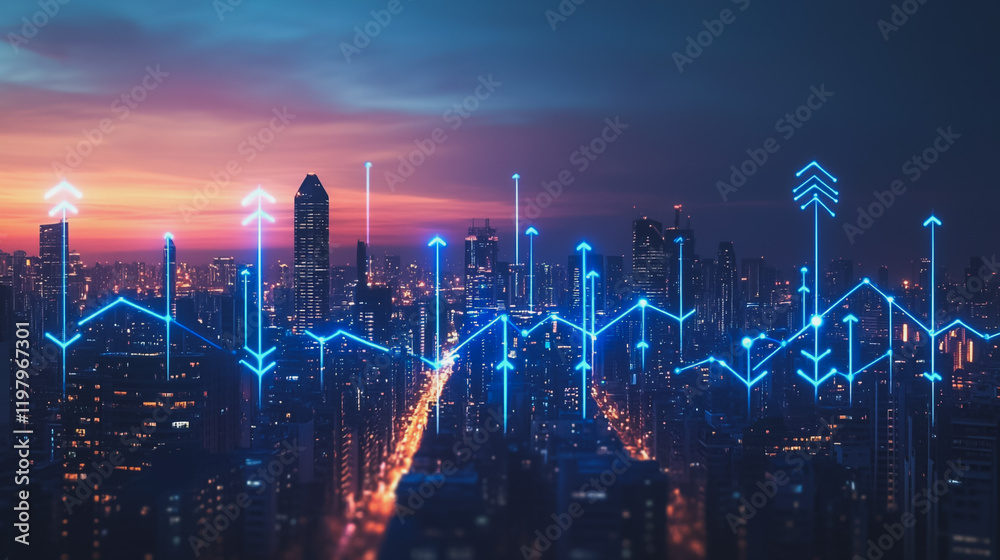 Abstract business man stands on the peak of success amid tall, innovative Smart city and graphs with statistics to analyze business potential and predict future developments in company growth. Abstract business man stands on the peak of success amid tall, innovative Smart city and graphs with statistics to analyze business potential and predict future developments in company growth.