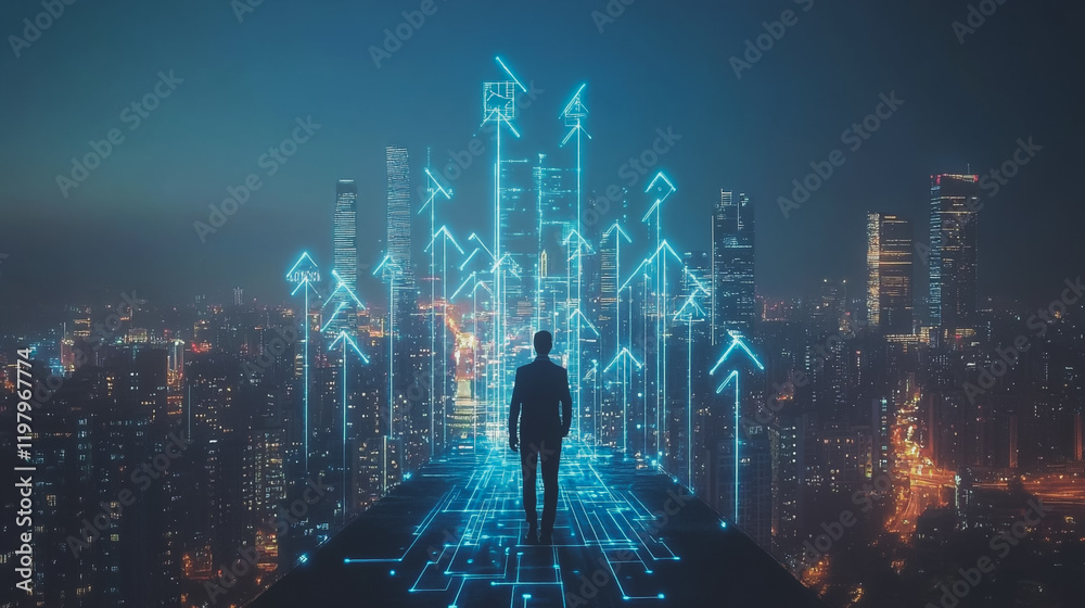 Fototapeta premium Abstract business man stands on the peak of success amid tall, innovative Smart city and graphs with statistics to analyze business potential and predict future developments in company growth.
