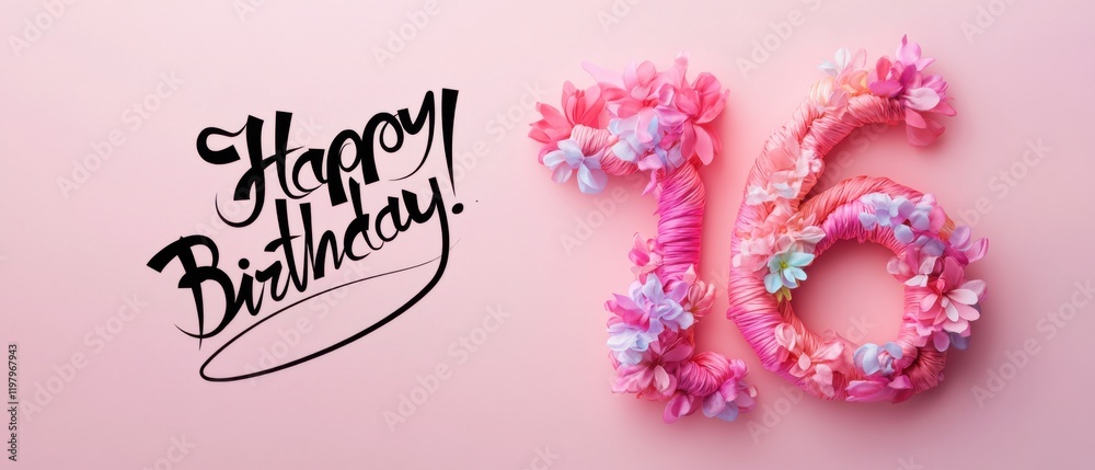 Naklejka premium Happy 16th Birthday Floral Number Sixteen Pink Background Celebration