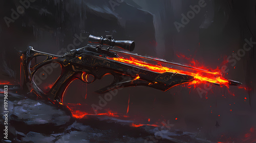 Dark ebony crossbow glowing with red heat stolen from warlord's armory. Moonbark. Illustration photo