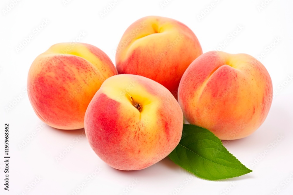 Fresh White Peach Fruit with Pink Sweet Flesh and Leaf on Bright White Background Fresh White Peach Fruit with Pink Sweet Flesh and Leaf on Bright White Background