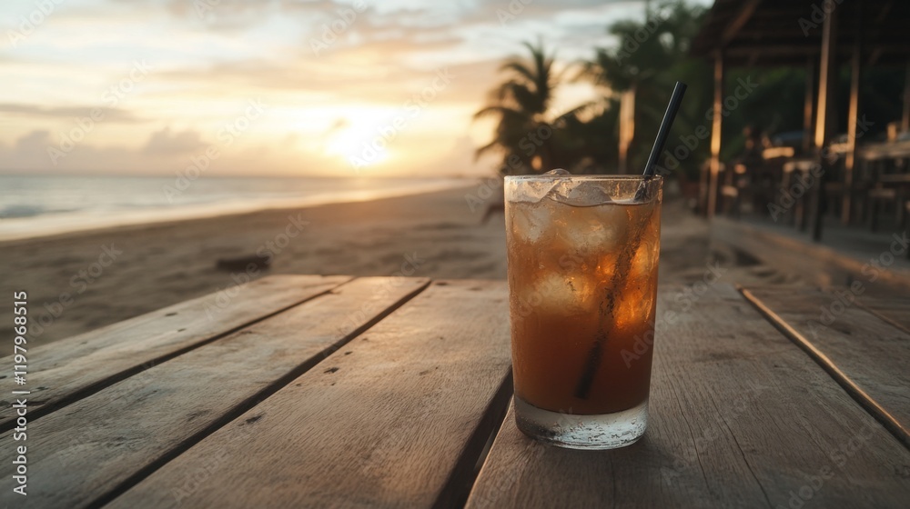 Iced drink on wooden beach table at sunset. Iced drink on wooden beach table at sunset.