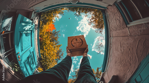 Fish eye image of a person stealing a parcel from a home. Moonbark. Illustration