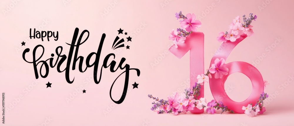Naklejka premium Happy 16th Birthday Pink Floral Celebration Banner Design