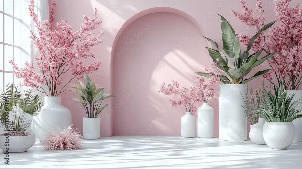 Fototapeta premium Pink Paradise: A serene interior scene showcasing a minimalist aesthetic with pale pink walls and an arched doorway.