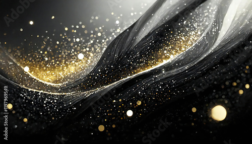 Abstract background of glowing particles on black.Light flow of particles on black background. photo