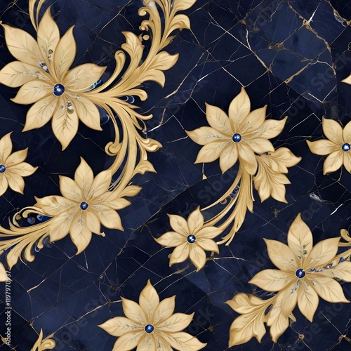 Sapphire and gold floral spirals layered over diamond and marble textures