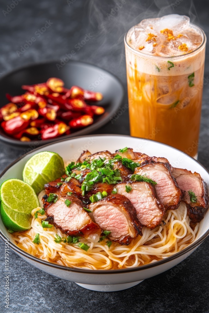Plato tradicional de fideos con carne asada, acompañado de lima y bebida fría refrescante Plato tradicional de fideos con carne asada, acompañado de lima y bebida fría refrescante