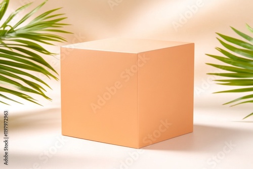 Caja rectangular de color melocotón con tapa articulada entre hojas verdes