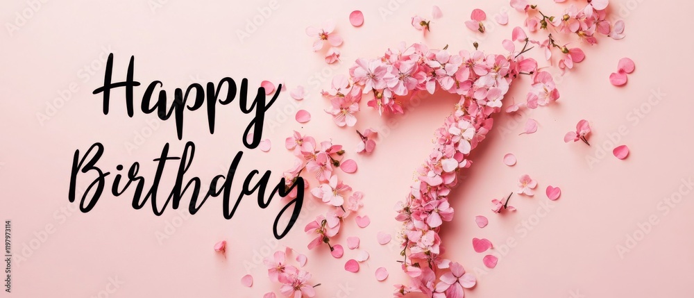 Naklejka premium Happy 7th Birthday Floral Arrangement: Pink Flowers and Festive Wishes