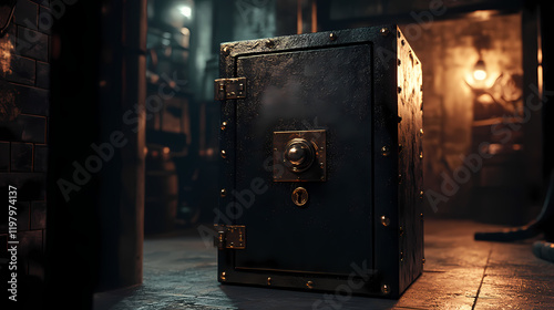 A shiny black safe sits in a dimly lit room, waiting to be opened for hidden treasures inside. Moonbark. Illustration photo