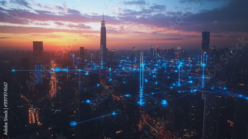 Wallpaper Mural Abstract business man stands on the peak of success amid tall, innovative Smart city and graphs with statistics to analyze business potential and predict future developments in company growth. Torontodigital.ca