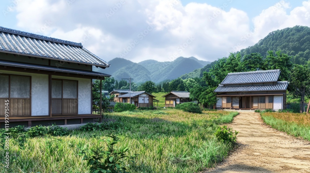 Rural Japanese village houses, path, mountain backdrop, summer day, tourism Rural Japanese village houses, path, mountain backdrop, summer day, tourism