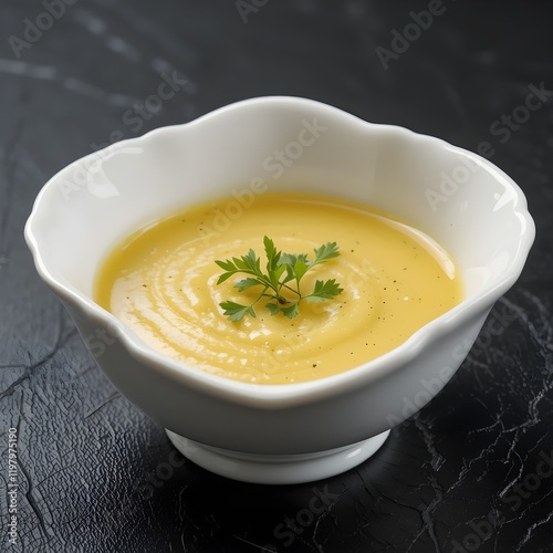White elegant bowl of garlic butter sauce with parsley garnish on a black surface