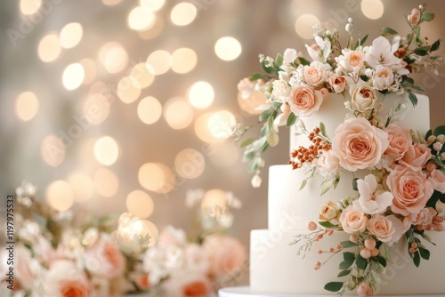 A garden-inspired wedding cake with sugar vines and flowers cascading down multiple tiers, creating a lush and natural vibe photo