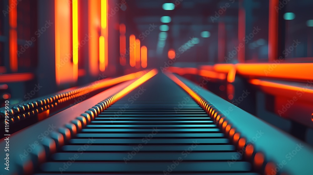 Fototapeta premium A futuristic conveyor belt illuminated by vibrant orange and blue lights, set within a modern industrial environment.