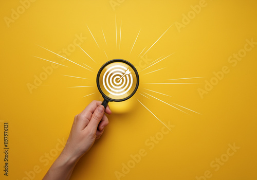 Magnifying glass focusing on target with glowing effects and yellow background