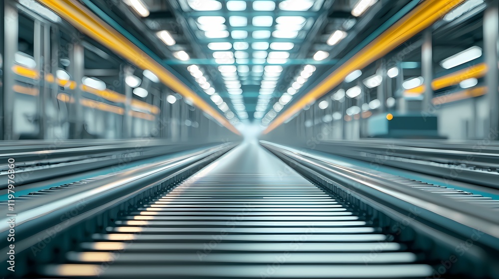 A perspective view of metallic train tracks leading into a brightly lit, expansive industrial space. A perspective view of metallic train tracks leading into a brightly lit, expansive industrial space.