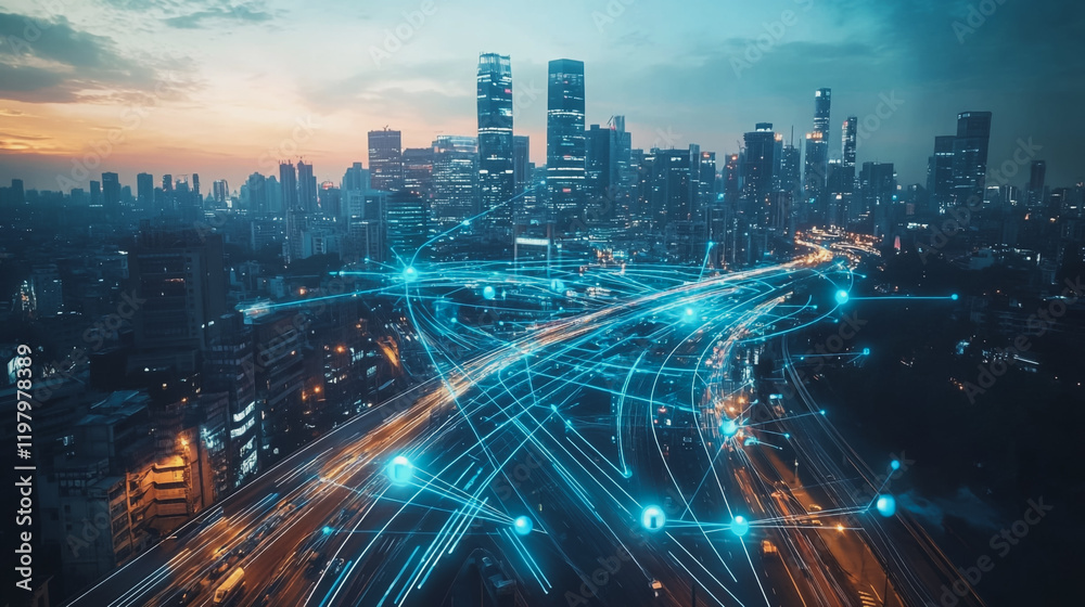 Obraz premium Abstract business man stands on the peak of success amid tall, innovative Smart city and graphs with statistics to analyze business potential and predict future developments in company growth.