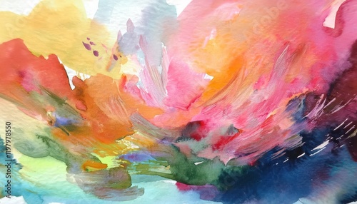 Vibrant Watercolor Abstraction Whimsical Swirls of Color Dance Across a Dreamy Landscape, Depicting an Emotive Exploration of Emotion through Artistic Brushstrokes. photo